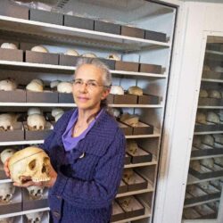 Dorothy Dechant holding a skull while standing in front of the collection
