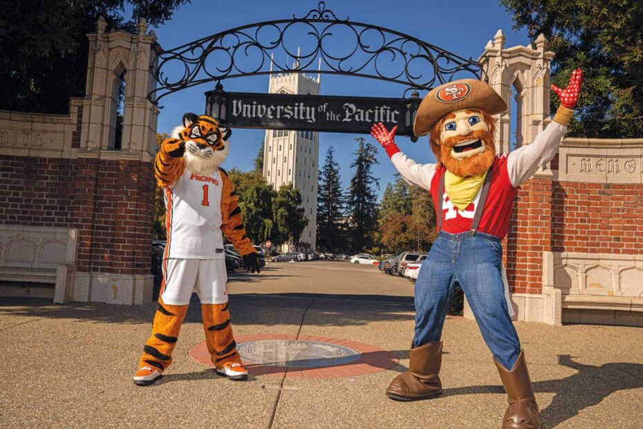 Sourdough Sam and Powercat in front of the University of the Pacific sign and the tower on campus